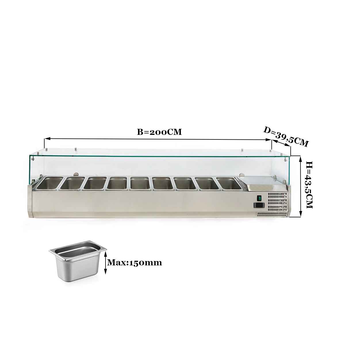 HCB Opzetkoelvitrine - Saladière met glas - 9 x 1/3 GN - 200 cm - RVS - Afbeelding 2