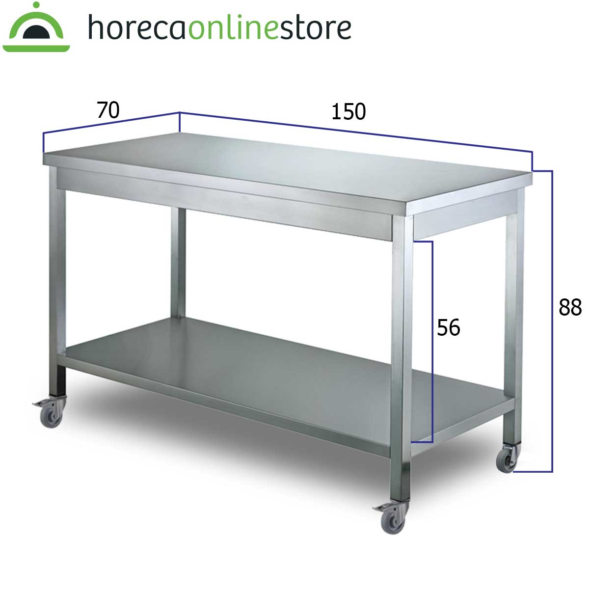 HCB Basic-line Werktafel - met onderschap - 150 x 70 x 85 cm - verrijdbaar - RVS - Afbeelding 2