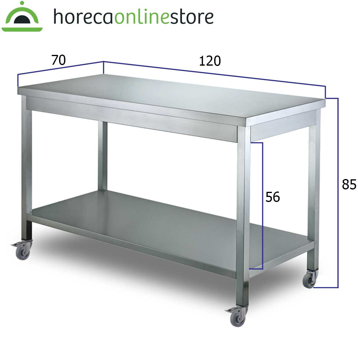 HCB Basic-line Werktafel - met onderschap - 120 x 70 x 85 cm - verrijdbaar - RVS - Afbeelding 2