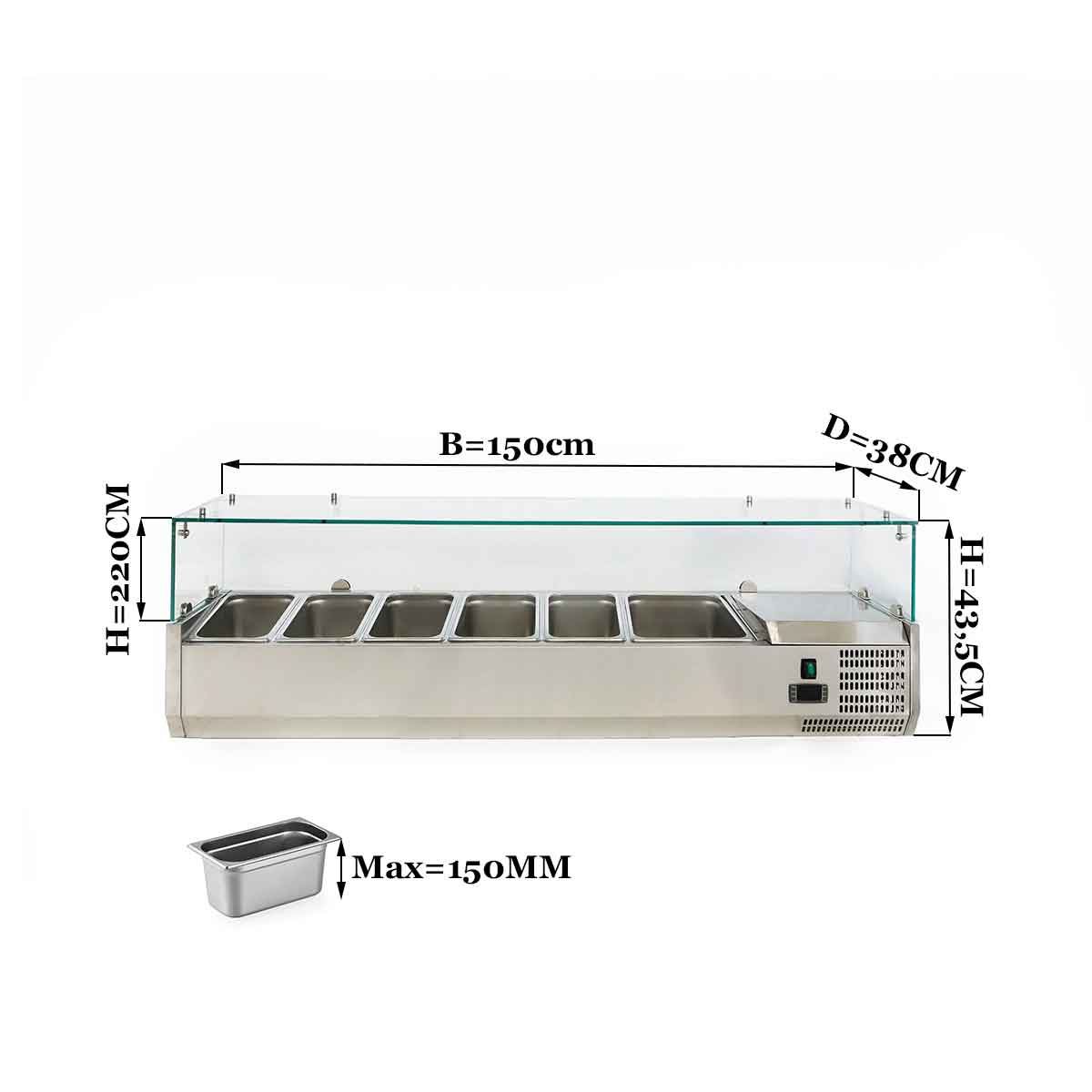 HCB Opzetkoelvitrine - Saladière met glas - 5 x 1/3 GN en 1 x 1/2 GN - 150 cm - RVS - Afbeelding 6