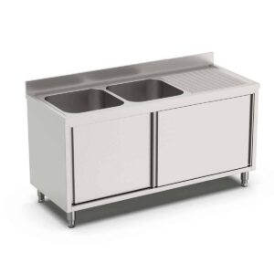 HCB Spoeltafel - dubbele spoelbakken links - schuifdeuren - 200 cm - RVS