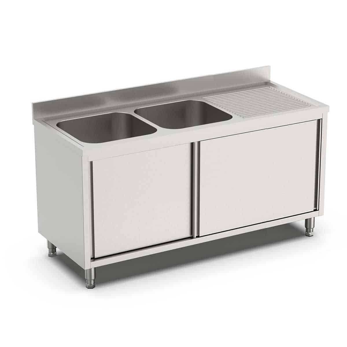 HCB Spoeltafel - dubbele spoelbakken links - schuifdeuren - 200 cm - RVS