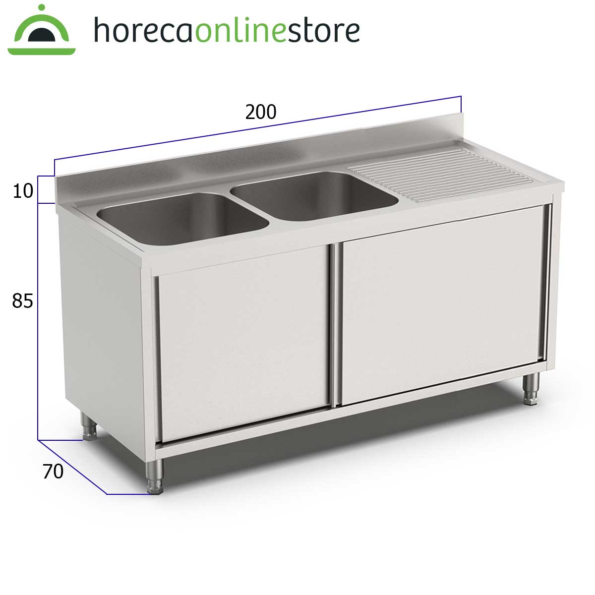 HCB Spoeltafel - dubbele spoelbakken links - schuifdeuren - 200 cm - RVS - Afbeelding 2