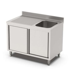 HCB Spoeltafel - enkele spoelbak rechts - schuifdeuren - 120 cm - RVS