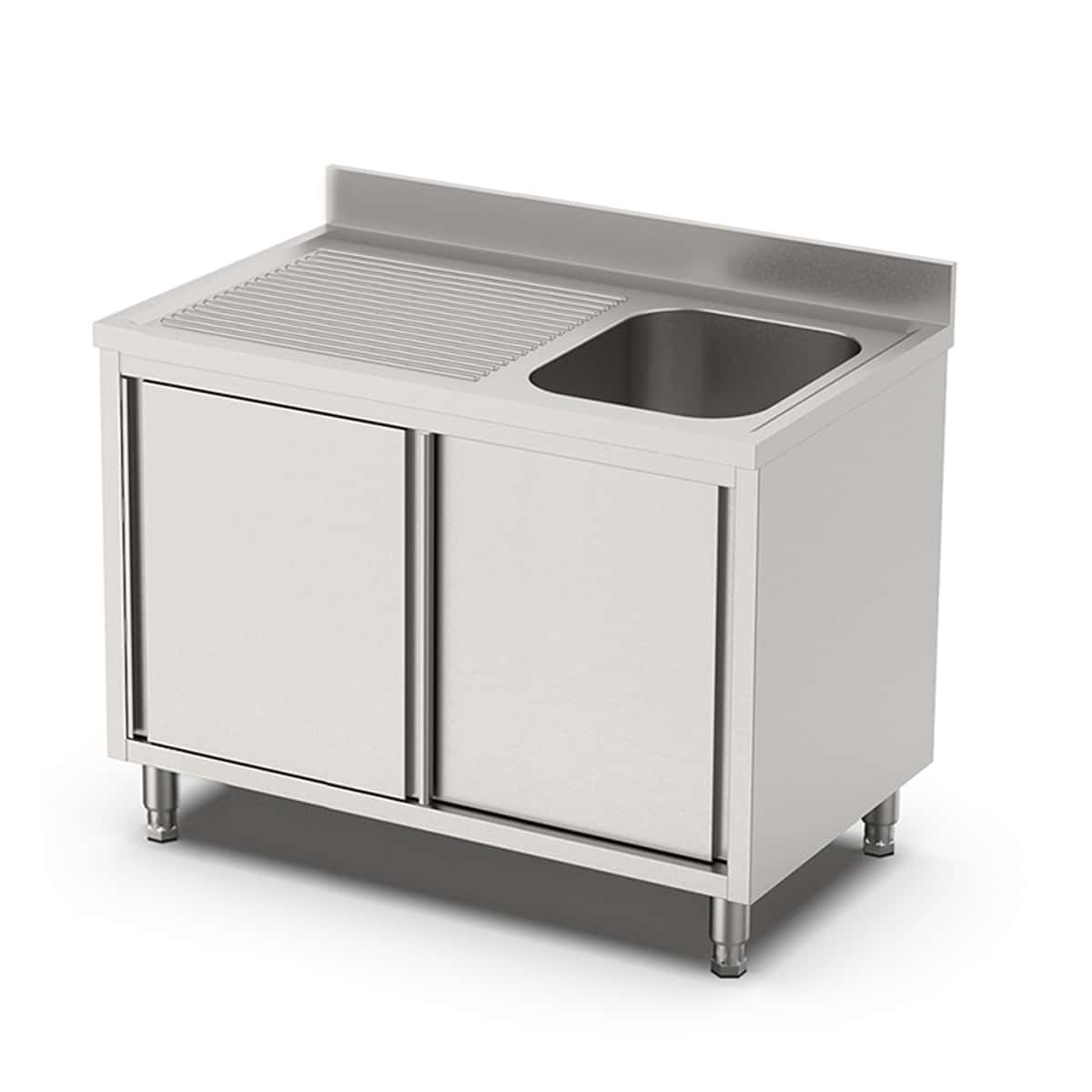 HCB Spoeltafel - enkele spoelbak rechts - schuifdeuren - 120 cm - RVS