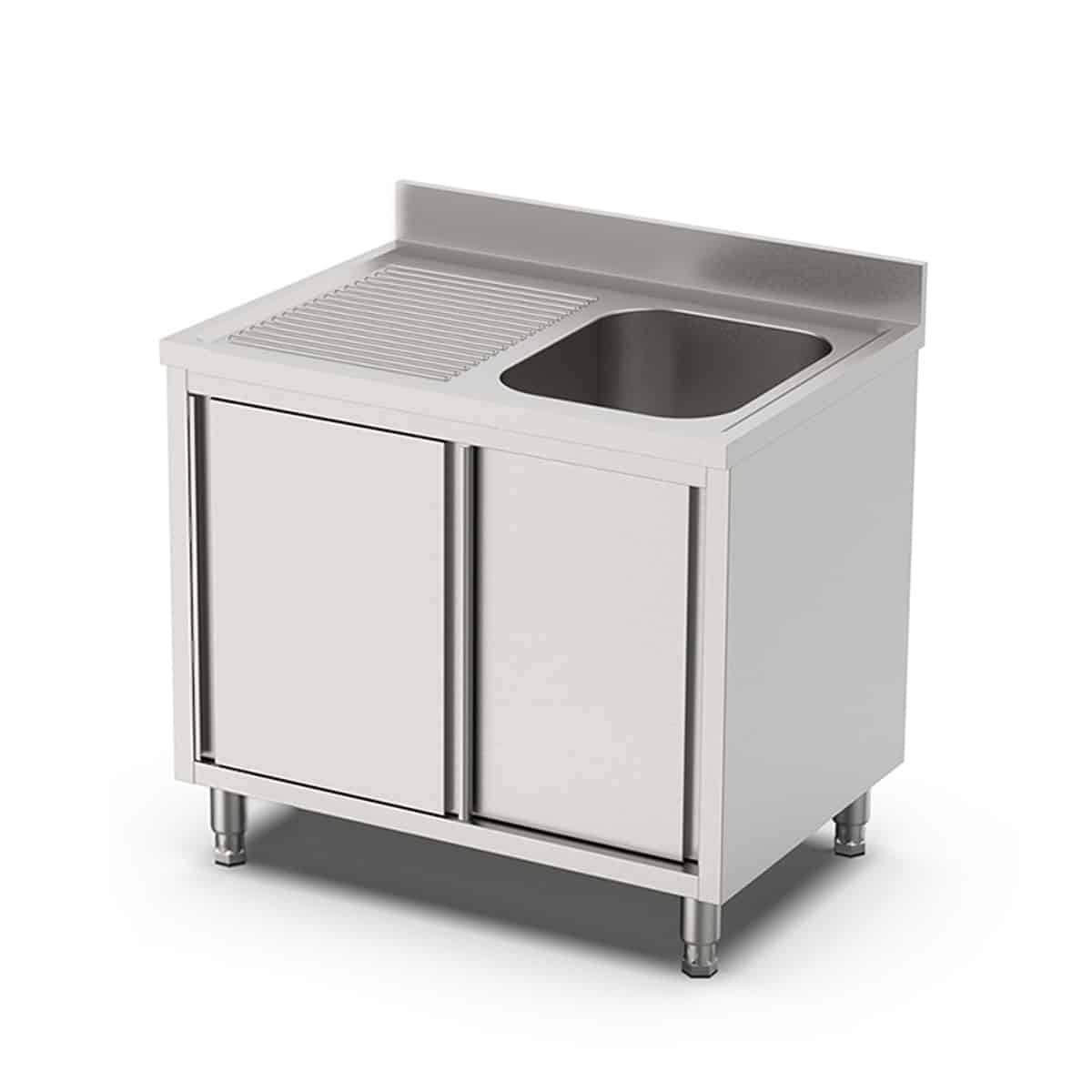 HCB Spoeltafel - enkele spoelbak rechts - schuifdeuren - 100 cm - RVS