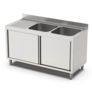 HCB Spoeltafel - dubbele spoelbakken rechts - schuifdeuren - 160 cm - RVS