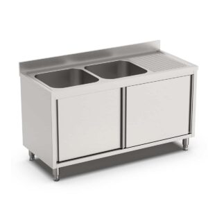 HCB Spoeltafel - dubbele spoelbakken links - schuifdeuren - 160 cm - RVS