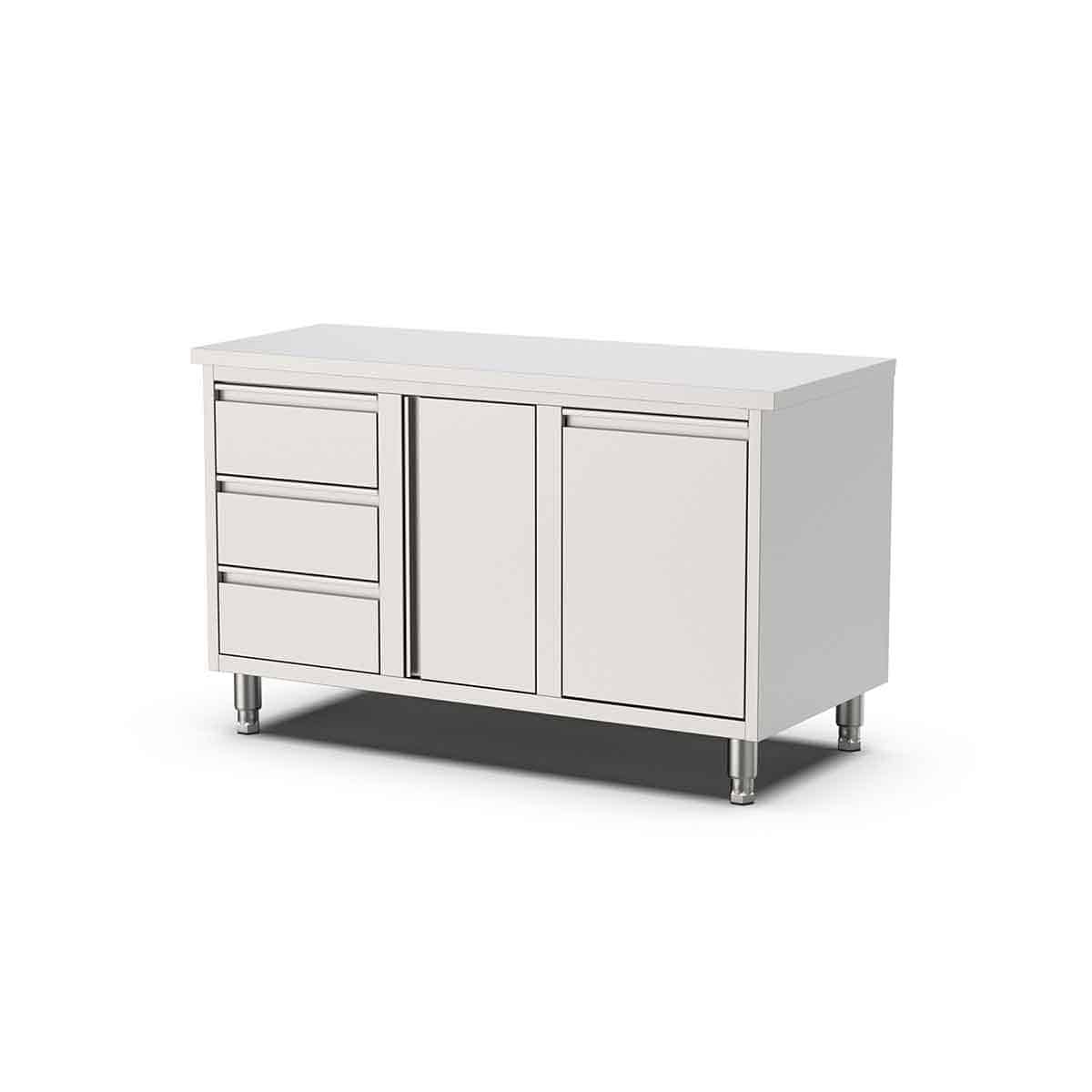 HCB Werkkast - klapdeur - 3 lades - afvalbak - 140 cm - RVS