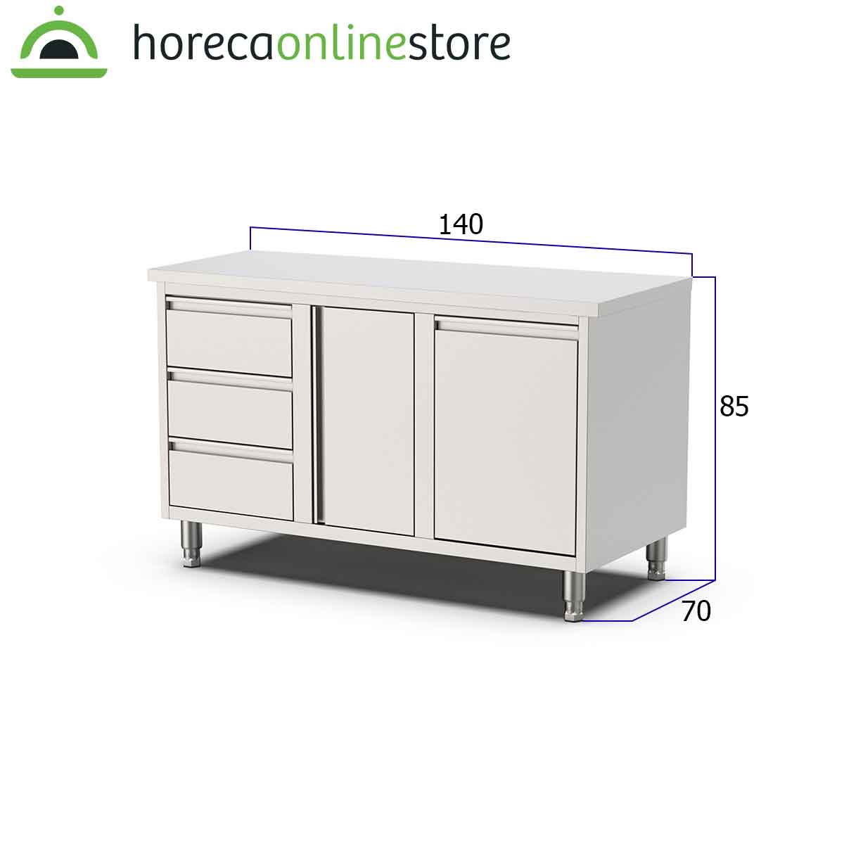 HCB Werkkast - klapdeur - 3 lades - afvalbak - 140 cm - RVS - Afbeelding 2