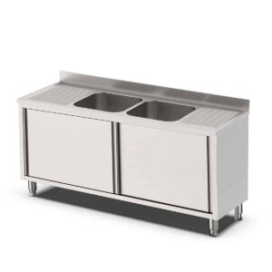 HCB Spoeltafel - dubbele spoelbakken midden - schuifdeuren - 200 cm - RVS