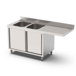 HCB Spoeltafel - dubbele spoelbakken links - schuifdeuren - 200 cm - RVS