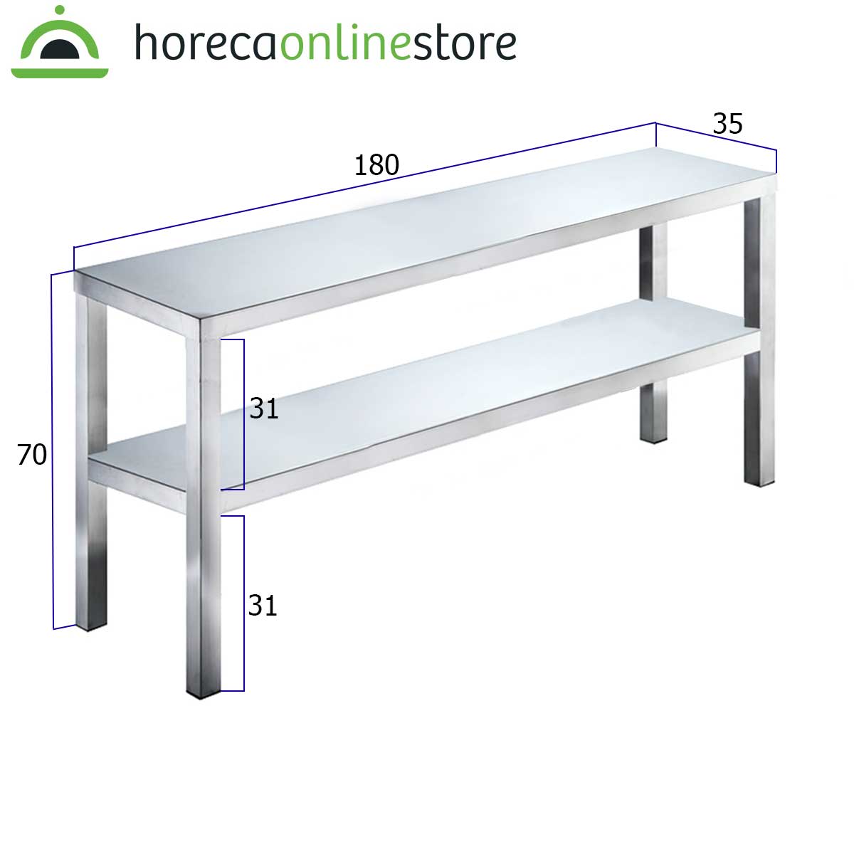 HCB Basic-line Dubbele etagère brug - 180 x 35 x 70 cm - RVS - Afbeelding 2