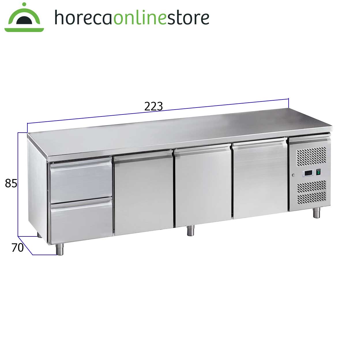 HCB Basic-line Koelwerkbank - 2 lades - 3 deuren - 223 cm - 230V - RVS - Afbeelding 2