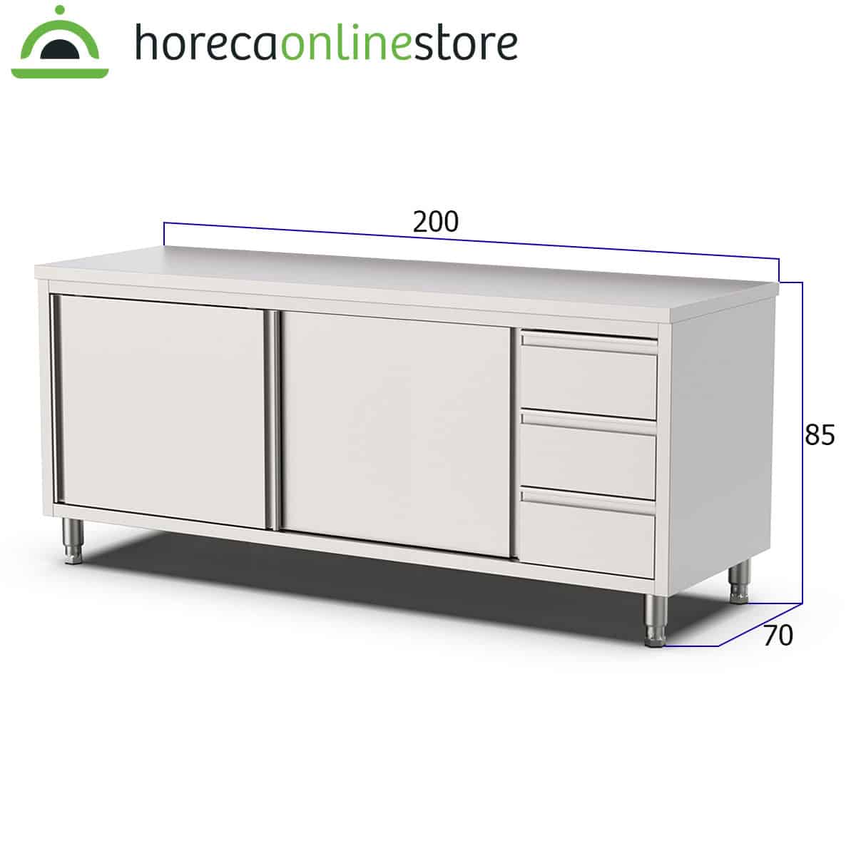 HCB Werkkast - schuifdeuren - 3 lades - 200 cm - RVS - Afbeelding 2