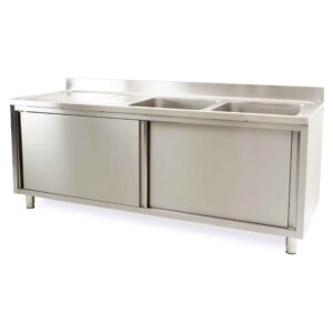 HCB Spoeltafel - dubbele spoelbakken rechts - schuifdeuren - 200 cm - RVS