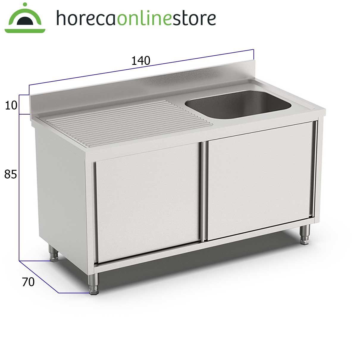 HCB Spoeltafel - enkele spoelbak rechts - schuifdeuren - 140 cm - RVS - Afbeelding 2