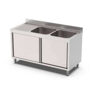 HCB Spoeltafel - dubbele spoelbakken rechts - schuifdeuren - 180 cm - RVS