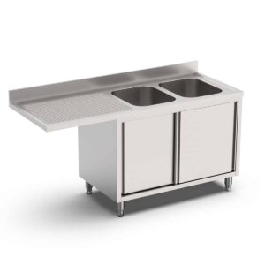 HCB Spoeltafel - dubbele spoelbakken rechts - schuifdeuren - 180 cm - RVS