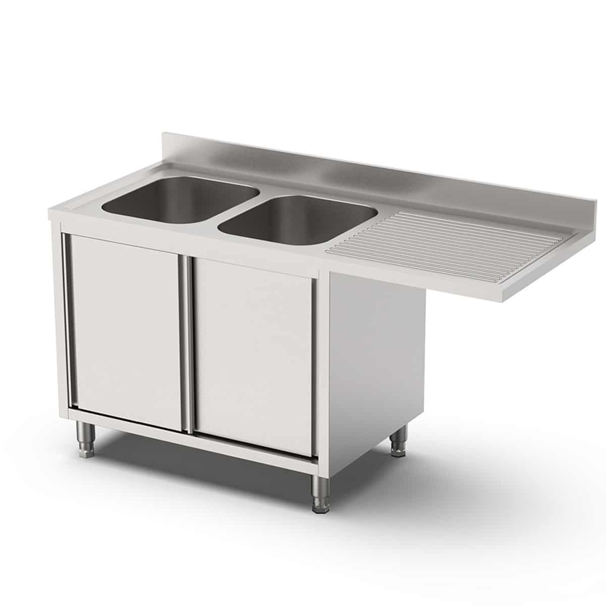 HCB Spoeltafel - dubbele spoelbakken links - schuifdeuren - 160 cm - RVS