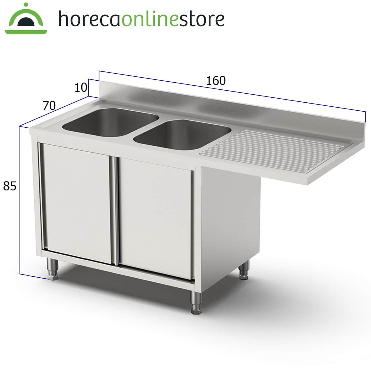 HCB Spoeltafel - dubbele spoelbakken links - schuifdeuren - 160 cm - RVS - Afbeelding 2