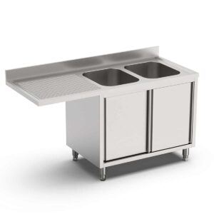 HCB Spoeltafel - dubbele spoelbakken rechts - schuifdeuren - 160 cm - RVS