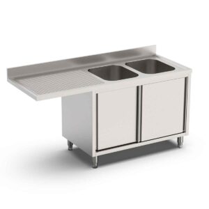 HCB Spoeltafel - dubbele spoelbakken rechts - schuifdeuren - 200 cm - RVS