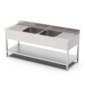 HCB Spoeltafel - dubbele spoelbakken midden - 200 cm - RVS