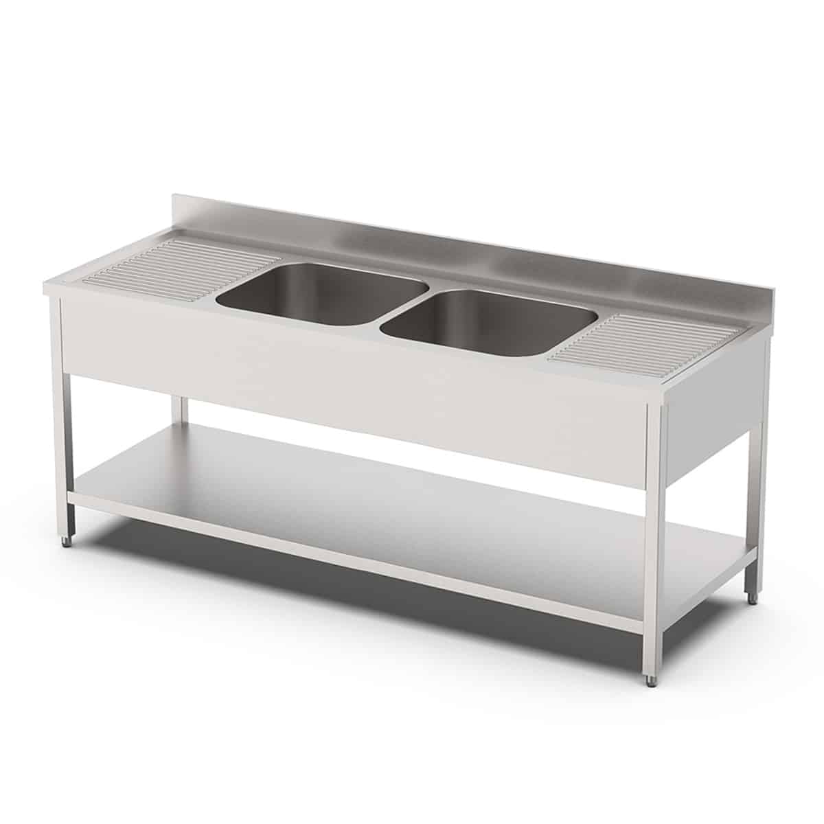 HCB Spoeltafel - dubbele spoelbakken midden - 200 cm - RVS