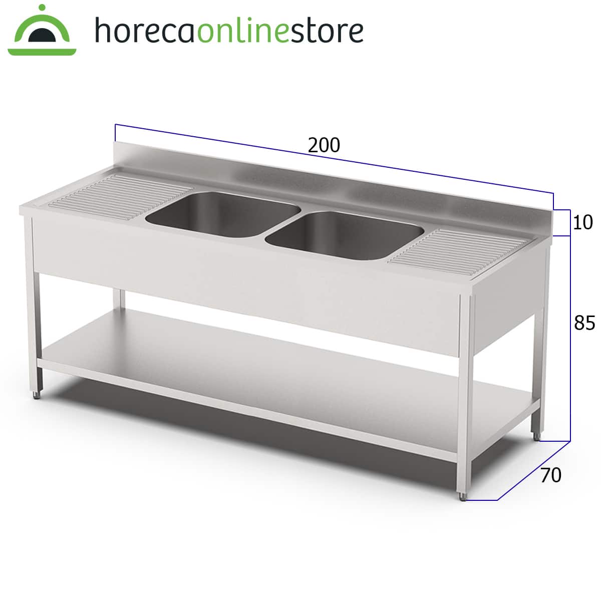 HCB Spoeltafel - dubbele spoelbakken midden - 200 cm - RVS - Afbeelding 2