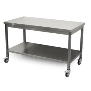 Mesa de trabajo HCB Basic-line - con estante inferior - 140 x 70 x 85 cm - móvil - acero inoxidable