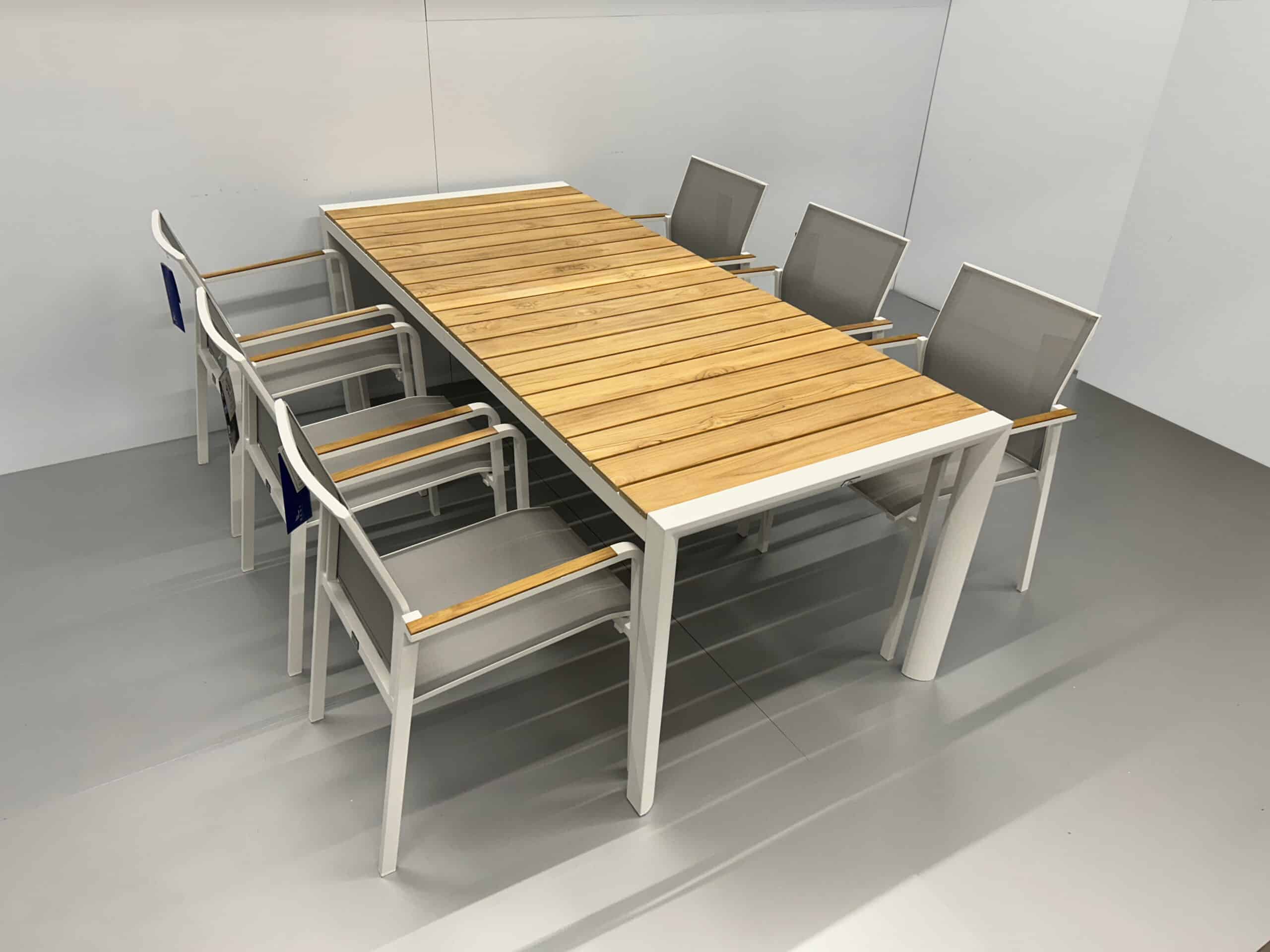 Best Freizeitmöbel Patio Set: Dining Table with 6 Chairs, White Teak, Commercial Use - Image 5