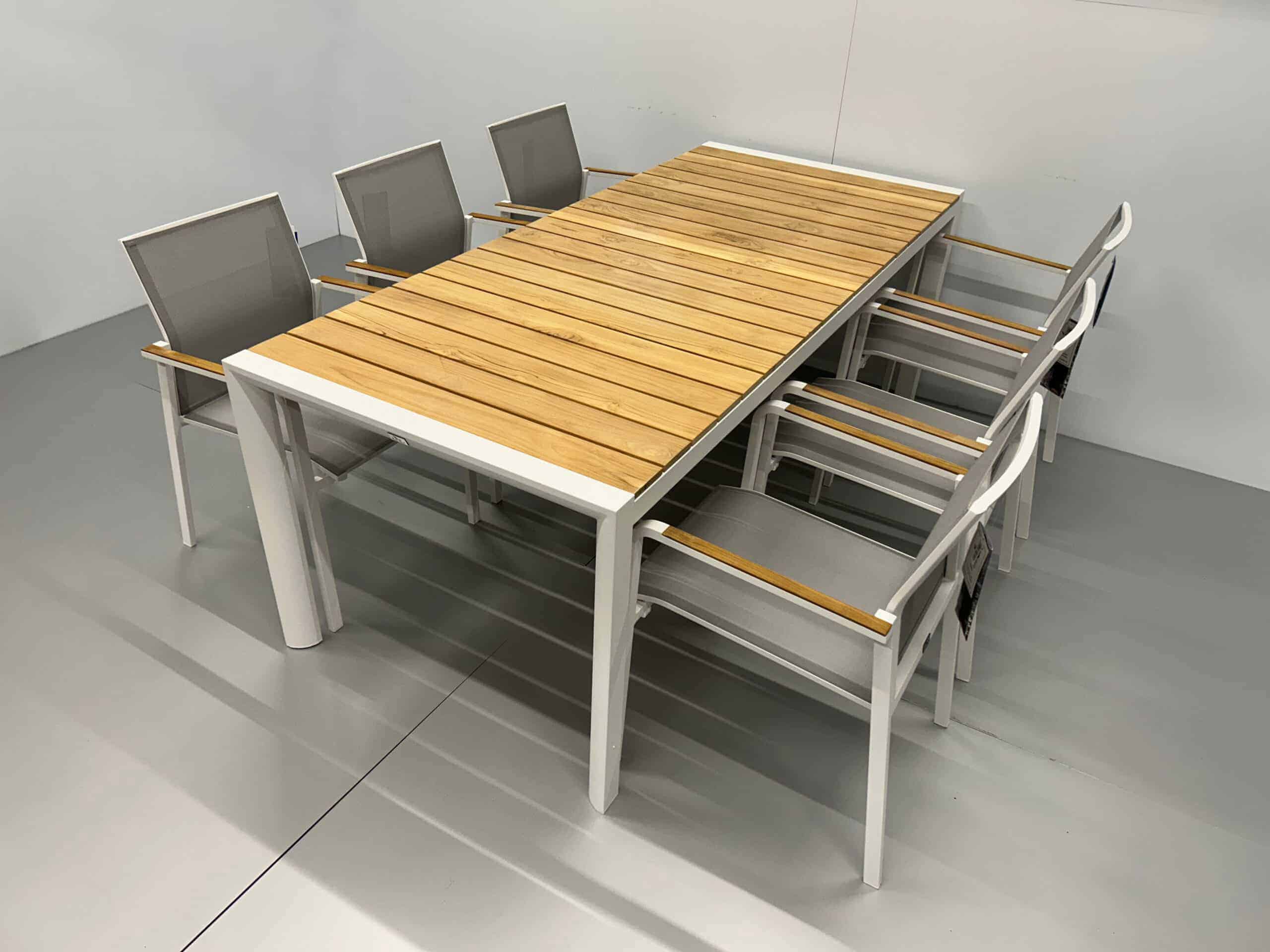 Best Freizeitmöbel Patio Set: Dining Table with 6 Chairs, White Teak, Commercial Use - Image 6