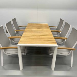 Conjunto de muebles de exterior Best: mesa de comedor con 6 sillas, de teca blanca, para hostelería
