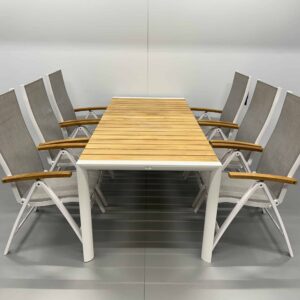 Best Freizeitmöbel: conjunto de terraza con mesa de comedor y 6 sillas plegables, de teca blanca, para hostelería